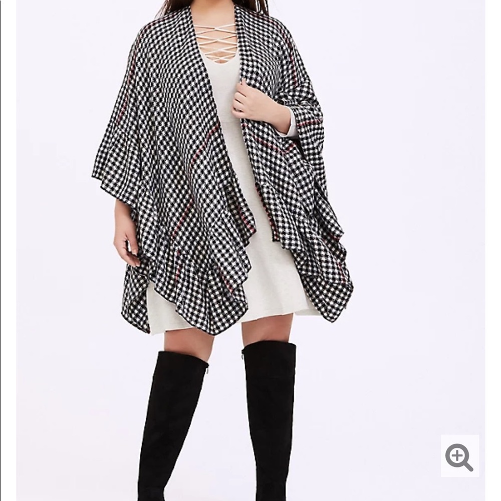 BLACK GINGHAM & RED STRIPE RUFFLE RUANA